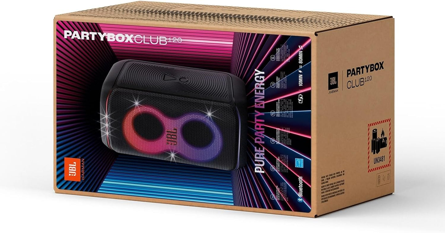 PartyBox Club 120,Enceinte portable de soirée,poignée pliable ergonomique,jeu de lumières,12 heures d'autonomie,résistante aux éclaboussures IPX4,noir,Prise européenne (Type C) -
