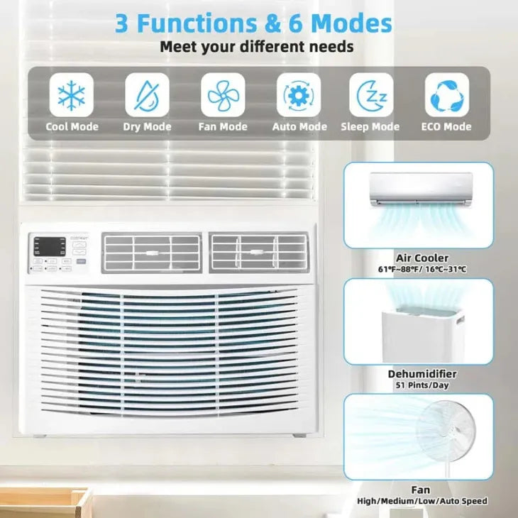 Climatiseur de fenêtre silencieux 2026 de 10 000 BTU, avec télécommande, mode Éco et certification Energy Star ; appareil 3-en-1 incluant un déshumidificateur.