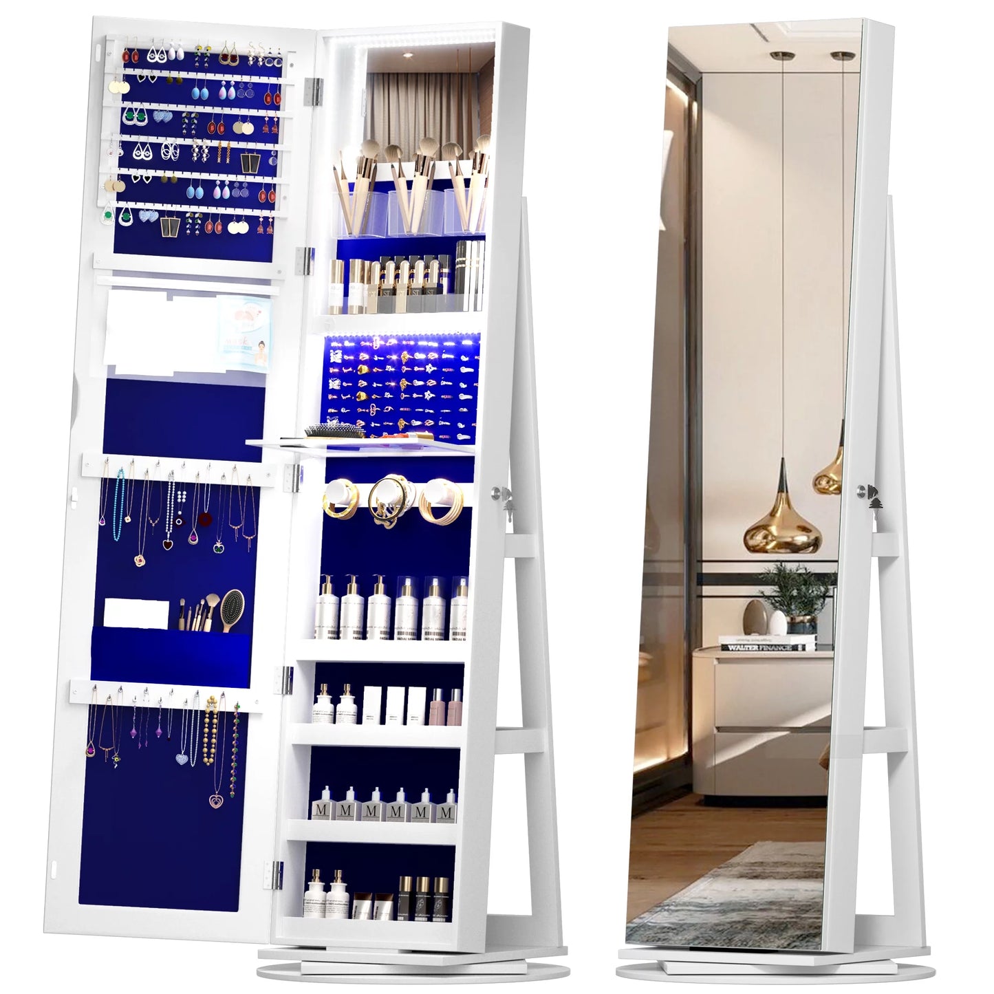 Armoire à bijoux rotative à 360° LVSOMT 2026 avec miroir pleine longueur, grand meuble à bijoux, miroir sur pied verrouillable, organisateur de bijoux avec miroir de maquillage intérieur et intérieur en velours doux pour salon et chambre.