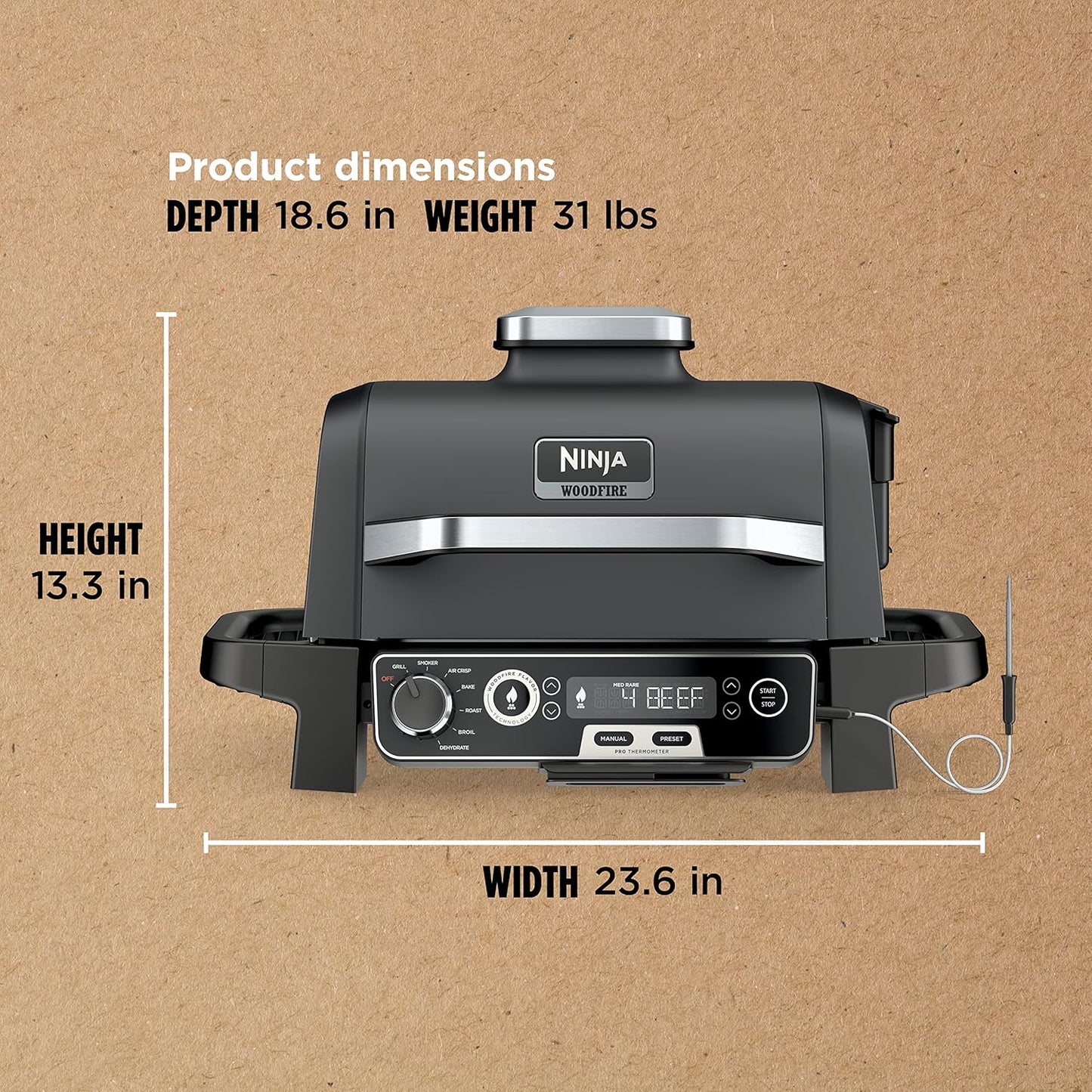 Ninja Woodfire Pro Gril et fumoir 7 en 1 avec thermomètre, friteuse à air, barbecue, pâtisserie, grillades, grillades, barbecue électrique portable pour extérieur, gris