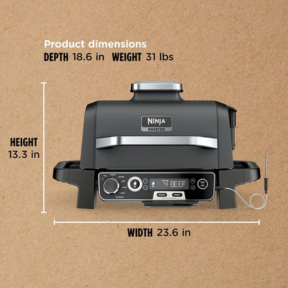 Ninja Woodfire Pro Gril et fumoir 7 en 1 avec thermomètre, friteuse à air, barbecue, pâtisserie, grillades, grillades, barbecue électrique portable pour extérieur, gris