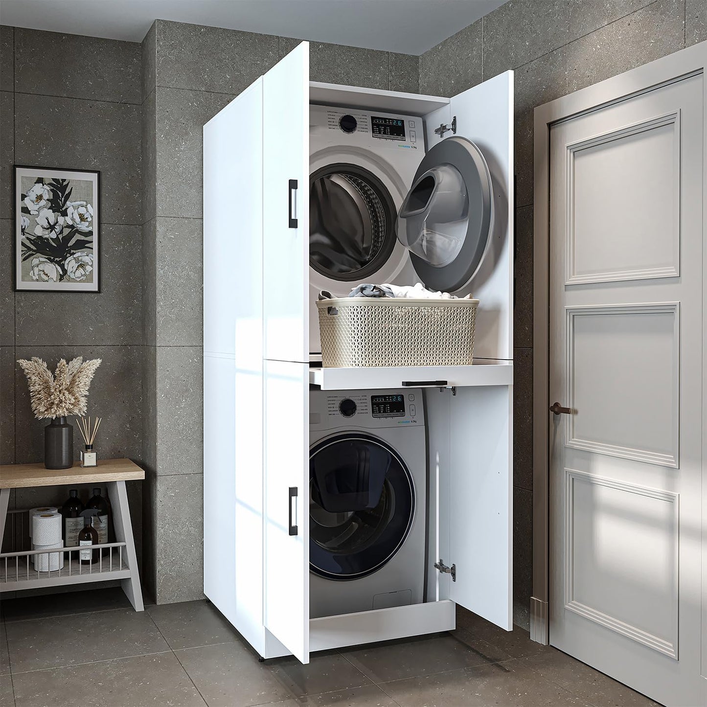 ROOMART Dora Armoire de machine à laver, pour sèche-linge et machine à laver, en 4 couleurs, avec portes et planche coulissante (chêne anthracite)