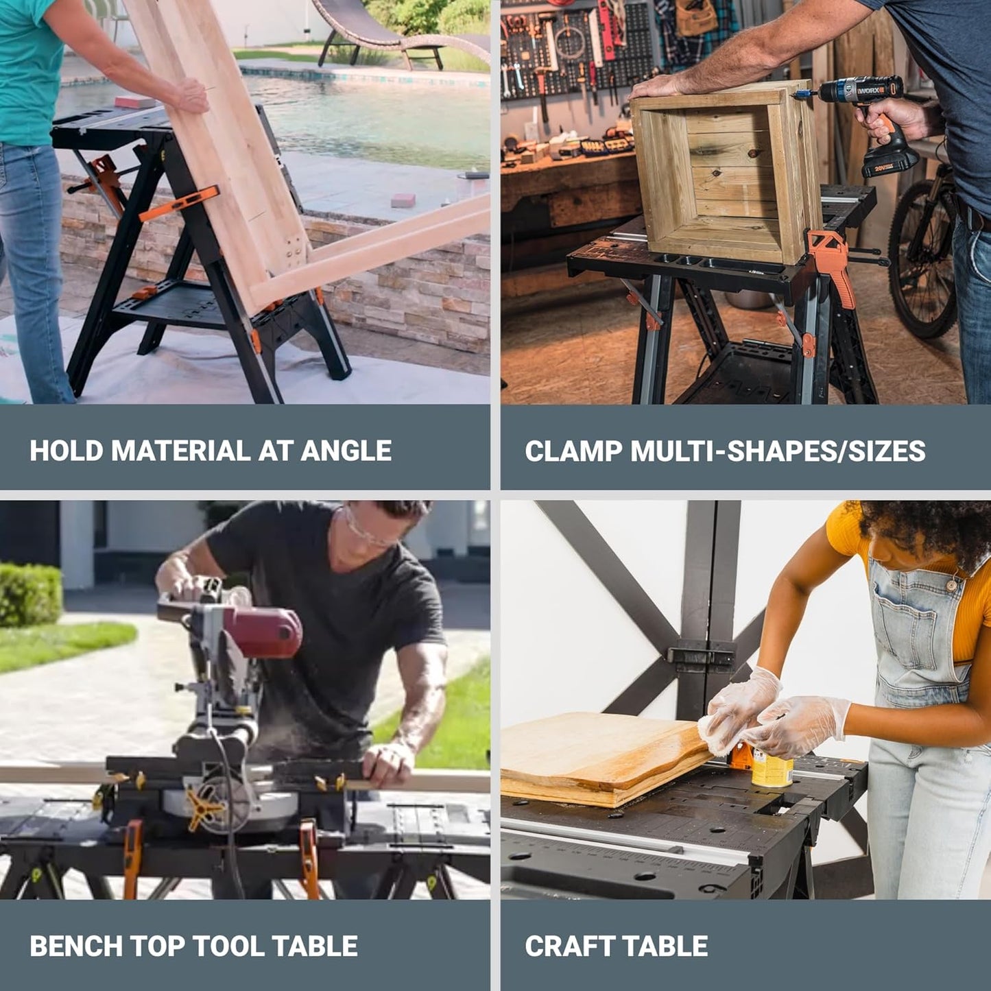 2026 Table de Travail et Chevalet Pliant 2-en-1 Worx Pegasus, Banc de Travail Portable Facile à Installer, 31" L x 25" P x 32" H, Léger avec Haute Capacité de Charge, WX051 - Inclut 2 Serres et 4 Brides