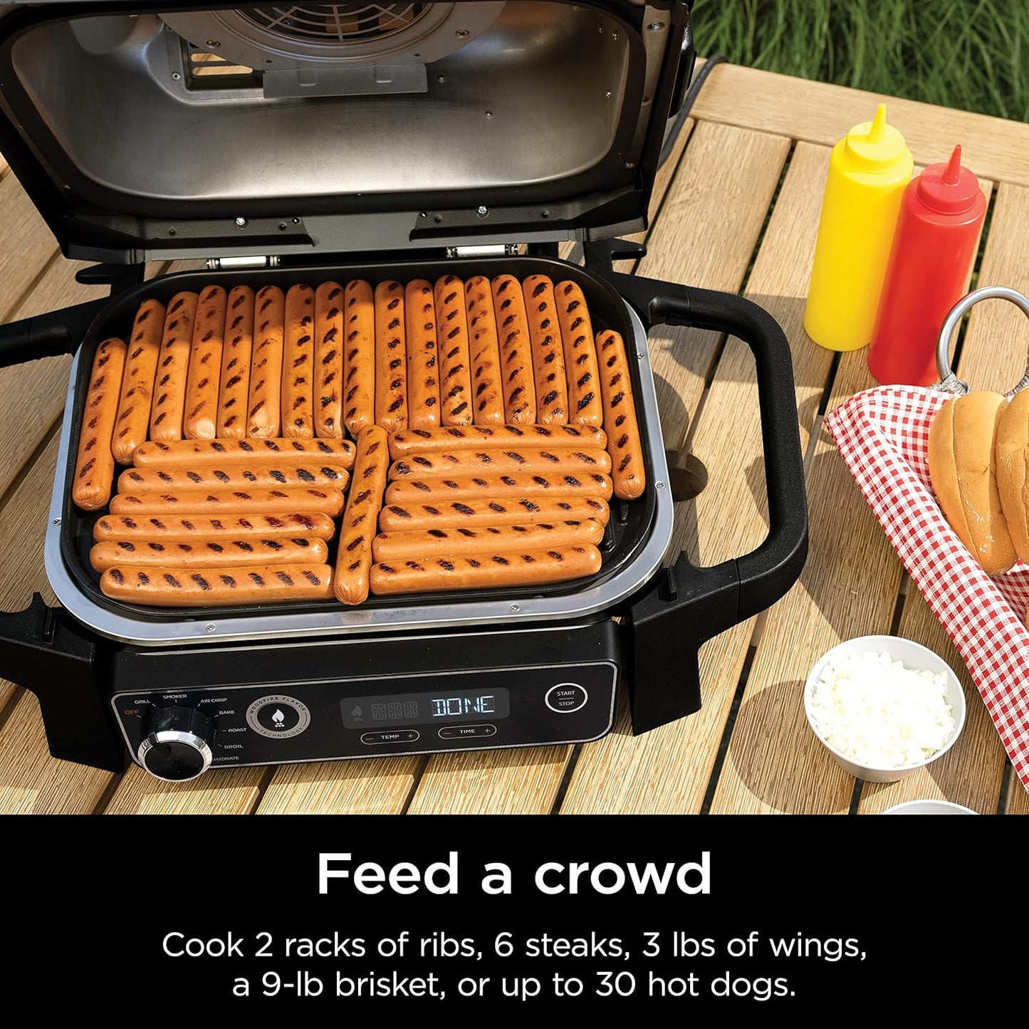 Ninja Woodfire Pro Gril et fumoir 7 en 1 avec thermomètre, friteuse à air, barbecue, pâtisserie, grillades, grillades, barbecue électrique portable pour extérieur, gris