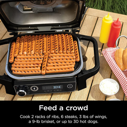 Ninja Woodfire Pro Gril et fumoir 7 en 1 avec thermomètre, friteuse à air, barbecue, pâtisserie, grillades, grillades, barbecue électrique portable pour extérieur, gris