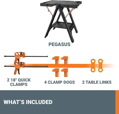2026 Table de Travail et Chevalet Pliant 2-en-1 Worx Pegasus, Banc de Travail Portable Facile à Installer, 31" L x 25" P x 32" H, Léger avec Haute Capacité de Charge, WX051 - Inclut 2 Serres et 4 Brides
