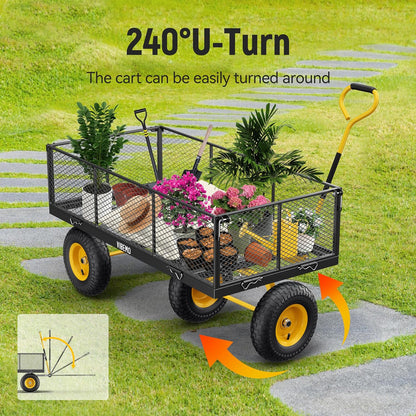 Chariot de jardin en acier 2026, 2 en 1, robuste, utilitaire, 635 kg (1400 lb), avec ridelles amovibles en filet pour le transformer en plateau, demi-tour à 240°, pneus pneumatiques de 33 cm (13 po), idéal pour la ferme, le jardin, la pelouse et le c