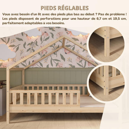 Lit cabane Crazy Pine Crazy House avec tiroirs 190 x 90 cm &ndash; Lit enfant en bois naturel avec barri&egrave;re &ndash; Lit Montessori au sol avec rangement suppl&eacute;mentaire et barri&egrave;re amovible