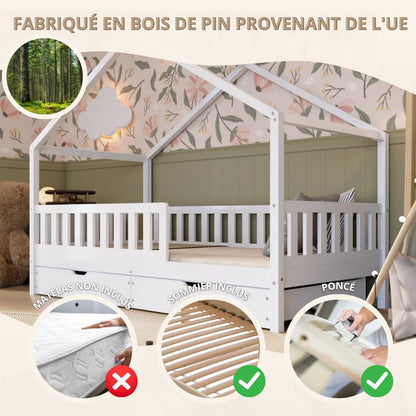 Lit cabane Crazy Pine Crazy House avec tiroirs 190 x 90 cm &ndash; Lit enfant en bois naturel avec barri&egrave;re &ndash; Lit Montessori au sol avec rangement suppl&eacute;mentaire et barri&egrave;re amovible