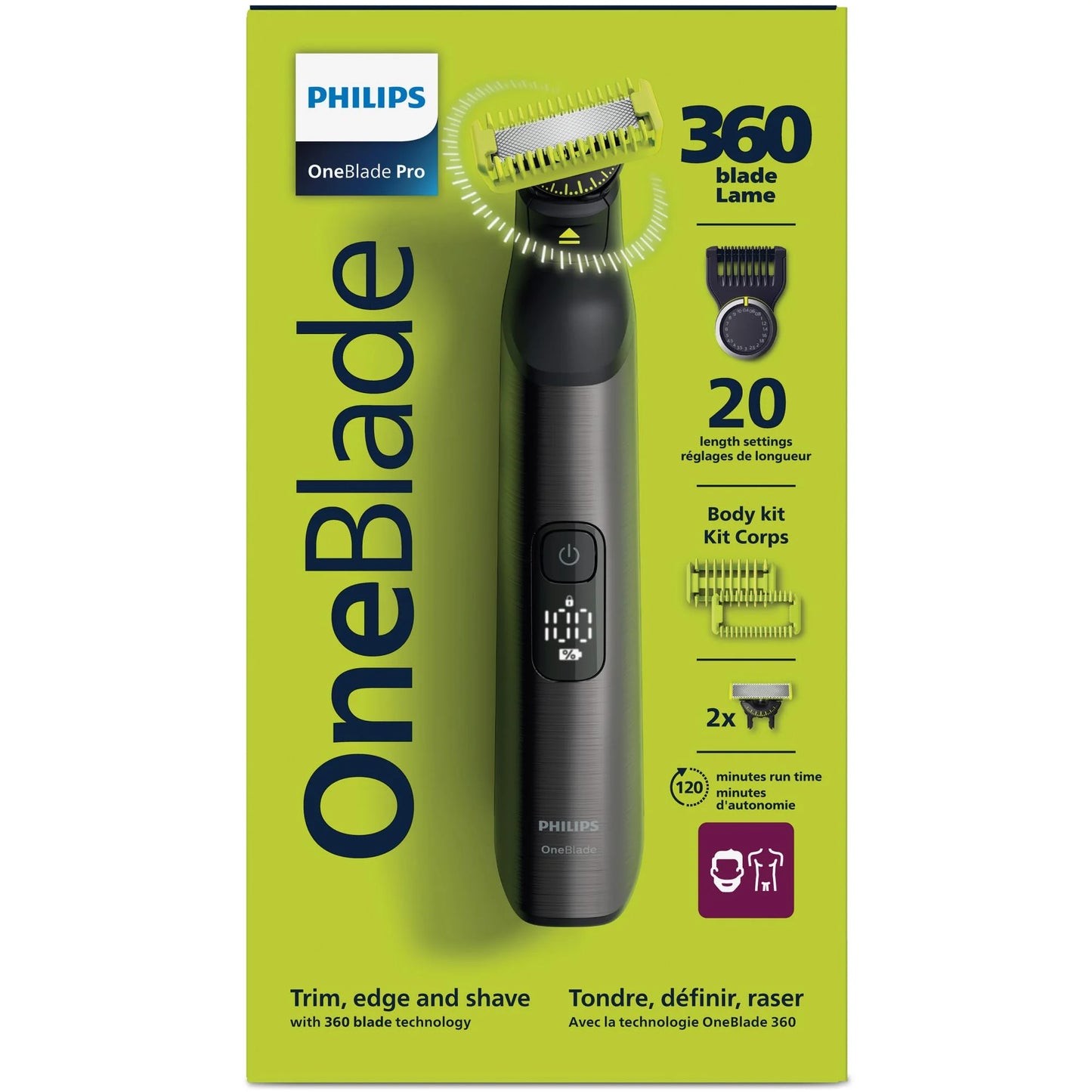 2026 Philips OneBlade 360 Pro, Wet & Dry, coupe, contourne et rase avec le peigne de précision 20 longueurs et l'affichage LED, QP6552/15