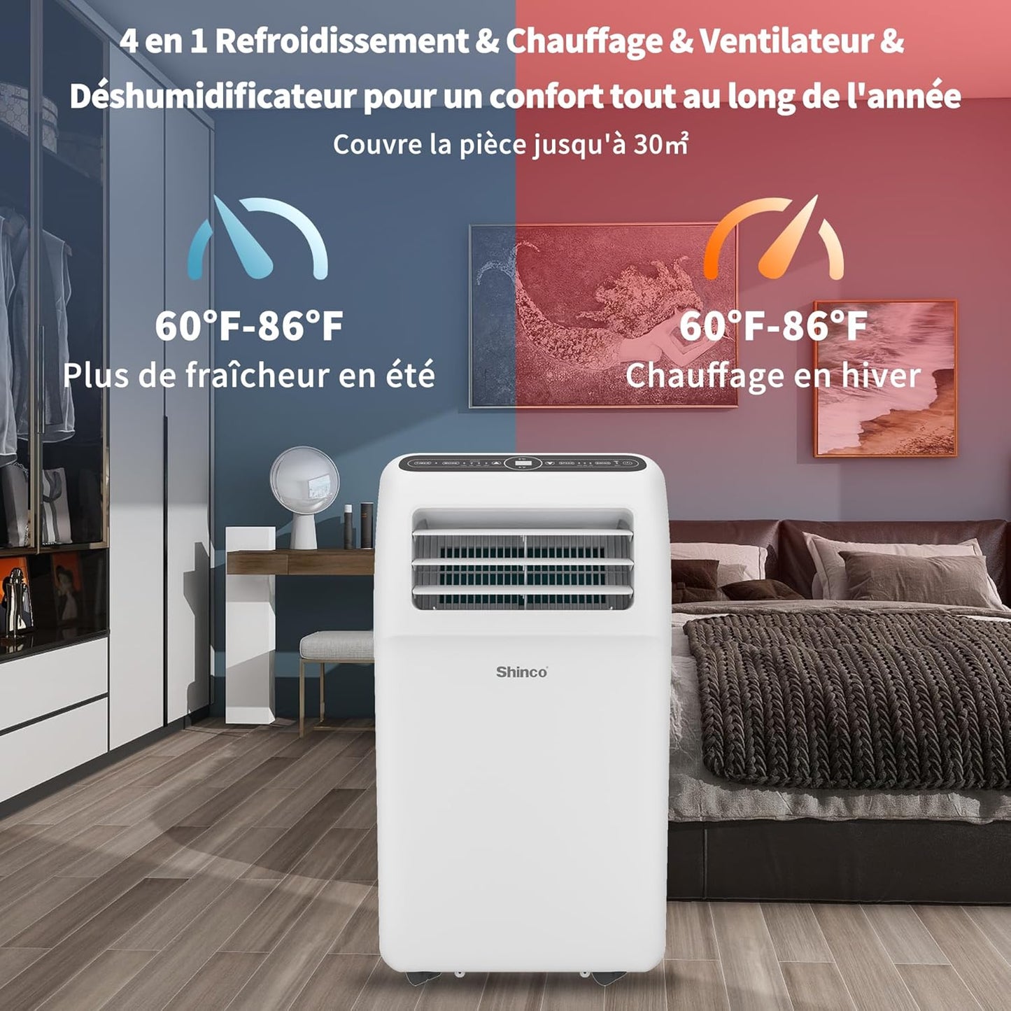 SHINCO Climatiseur mobile, 7000 BTU 2,05kW, Refroidir&Ventilation&Déshumidification, taille de la pièce jusqu'à 54m³(18㎡), Climatiseur mobile avec tuyau d'évacuation et tuyau de vidange, mode sommeil