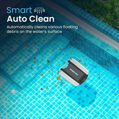 Nettoyeur de skimmer robotisé automatique à énergie solaire 2026 pour piscines avec 30 heures de performance de nettoyage continue grâce à son fonctionnement sur batterie et à ses deux moteurs repensés, tolérants au sel et au chlore (blanc)
