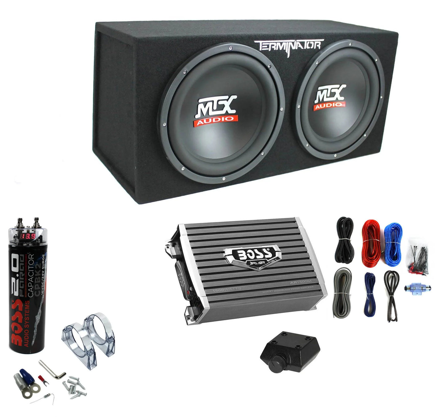 Caisson de basses double MTX TNE212D 12″ 1200W avec amplificateur monobloc 1500W et condensateur 2 farads (2026)