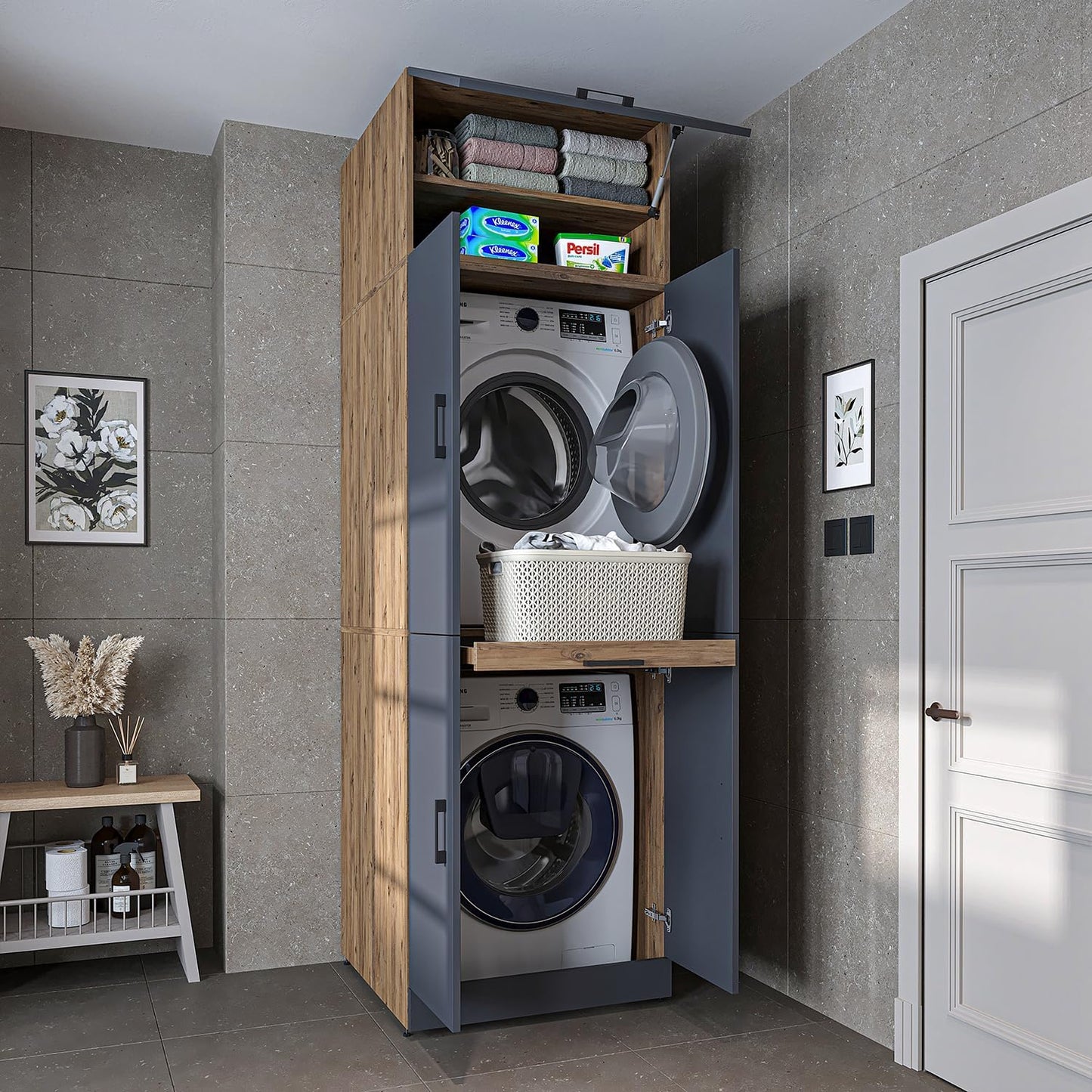 ROOMART Dora Armoire de machine à laver, pour sèche-linge et machine à laver, en 4 couleurs, avec portes et planche coulissante (chêne anthracite)