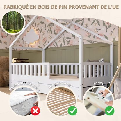 Lit cabane Crazy Pine Crazy House avec tiroirs 190 x 90 cm &ndash; Lit enfant en bois naturel avec barri&egrave;re &ndash; Lit Montessori au sol avec rangement suppl&eacute;mentaire et barri&egrave;re amovible