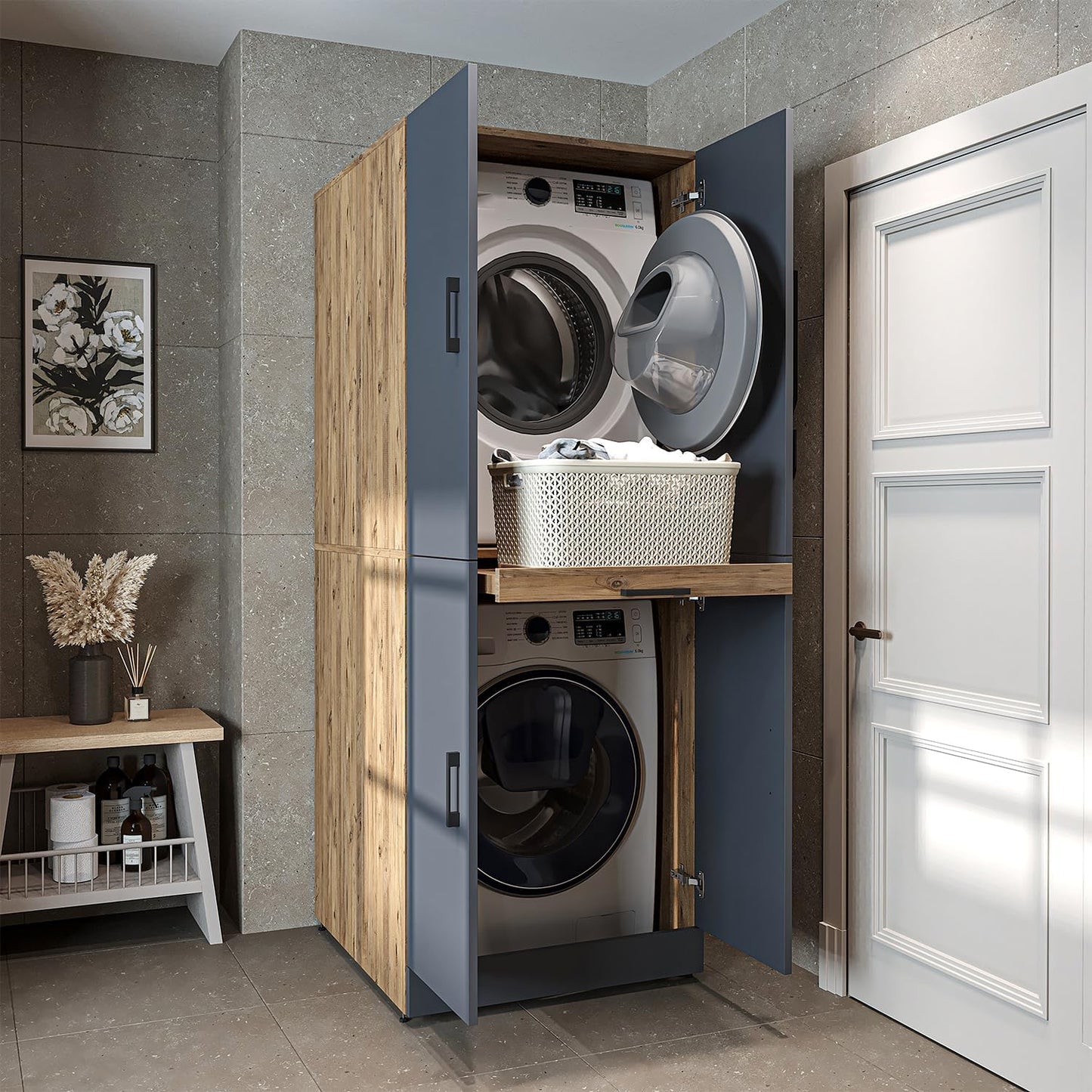 ROOMART Dora Armoire de machine à laver, pour sèche-linge et machine à laver, en 4 couleurs, avec portes et planche coulissante (chêne anthracite)