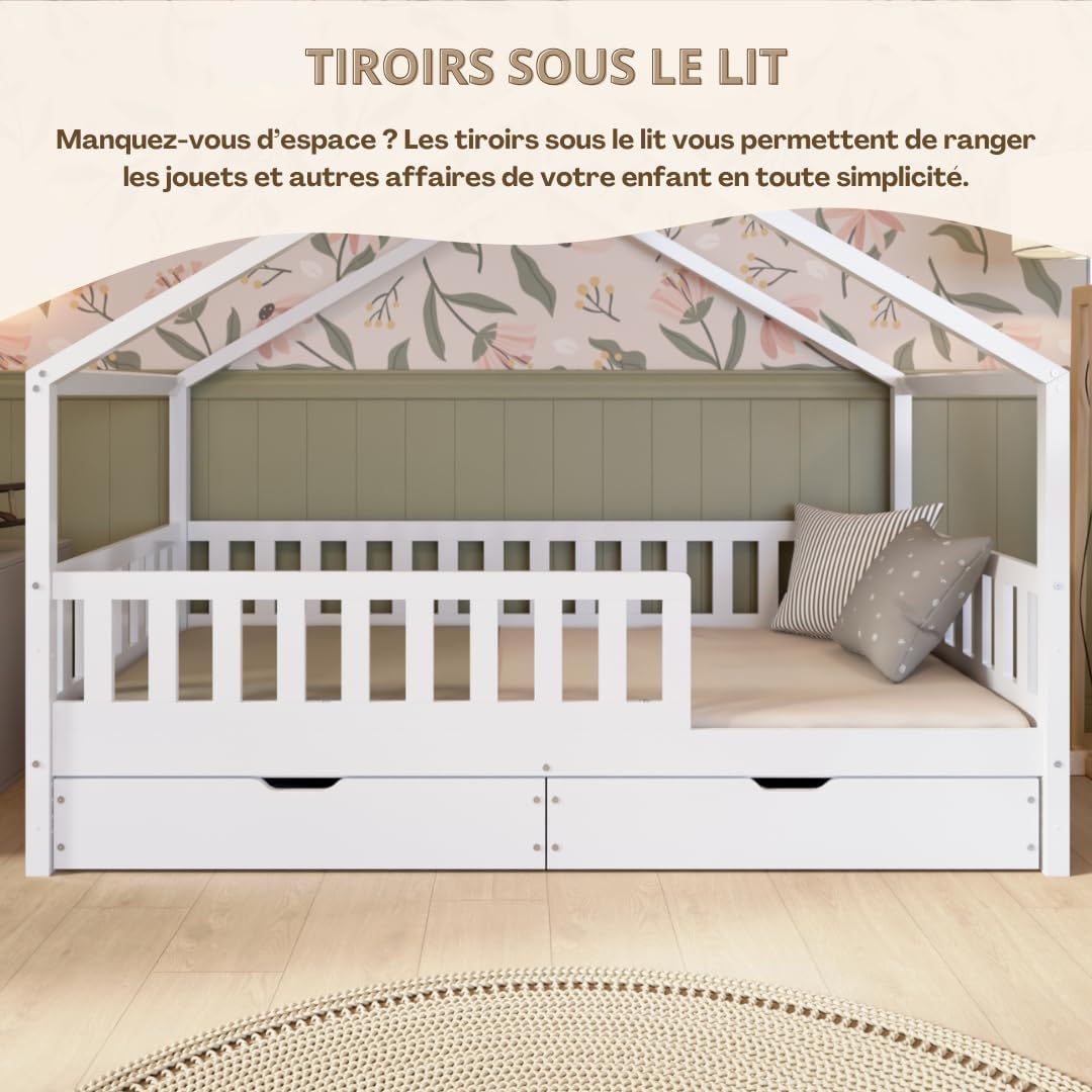 Lit cabane Crazy Pine Crazy House avec tiroirs 190 x 90 cm &ndash; Lit enfant en bois naturel avec barri&egrave;re &ndash; Lit Montessori au sol avec rangement suppl&eacute;mentaire et barri&egrave;re amovible