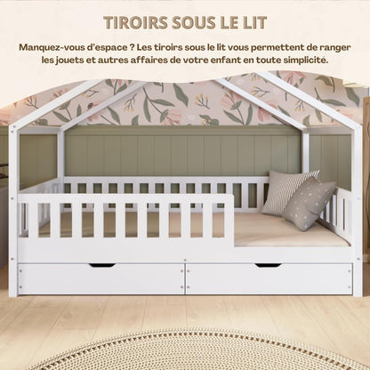 Lit cabane Crazy Pine Crazy House avec tiroirs 190 x 90 cm &ndash; Lit enfant en bois naturel avec barri&egrave;re &ndash; Lit Montessori au sol avec rangement suppl&eacute;mentaire et barri&egrave;re amovible