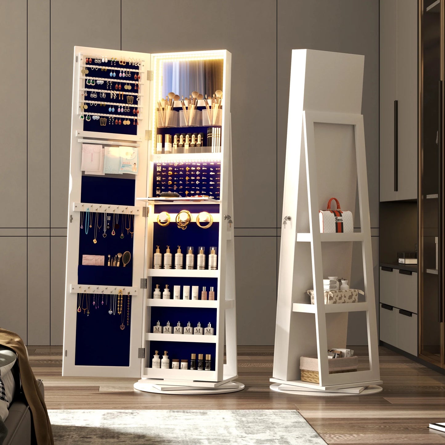 Armoire à bijoux rotative à 360° LVSOMT 2026 avec miroir pleine longueur, grand meuble à bijoux, miroir sur pied verrouillable, organisateur de bijoux avec miroir de maquillage intérieur et intérieur en velours doux pour salon et chambre.