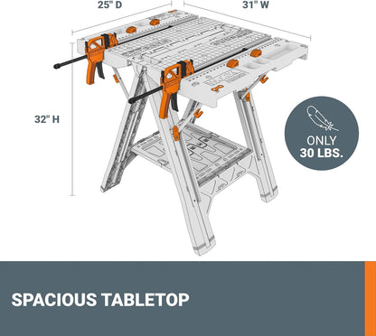2026 Table de Travail et Chevalet Pliant 2-en-1 Worx Pegasus, Banc de Travail Portable Facile à Installer, 31" L x 25" P x 32" H, Léger avec Haute Capacité de Charge, WX051 - Inclut 2 Serres et 4 Brides