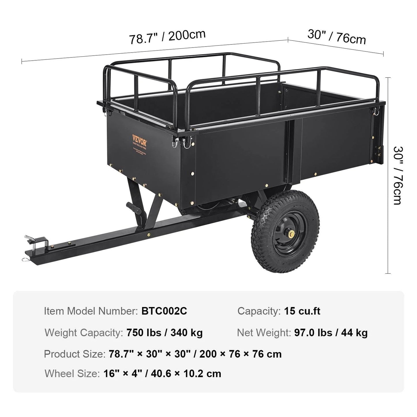 Remorque basculante VEVOR robuste pour VTT, chariot en acier, 750 livres, 15 pieds cubes, remorque utilitaire de jardin avec côtés amovibles pour quad - Fabriqué aux États-Unis
