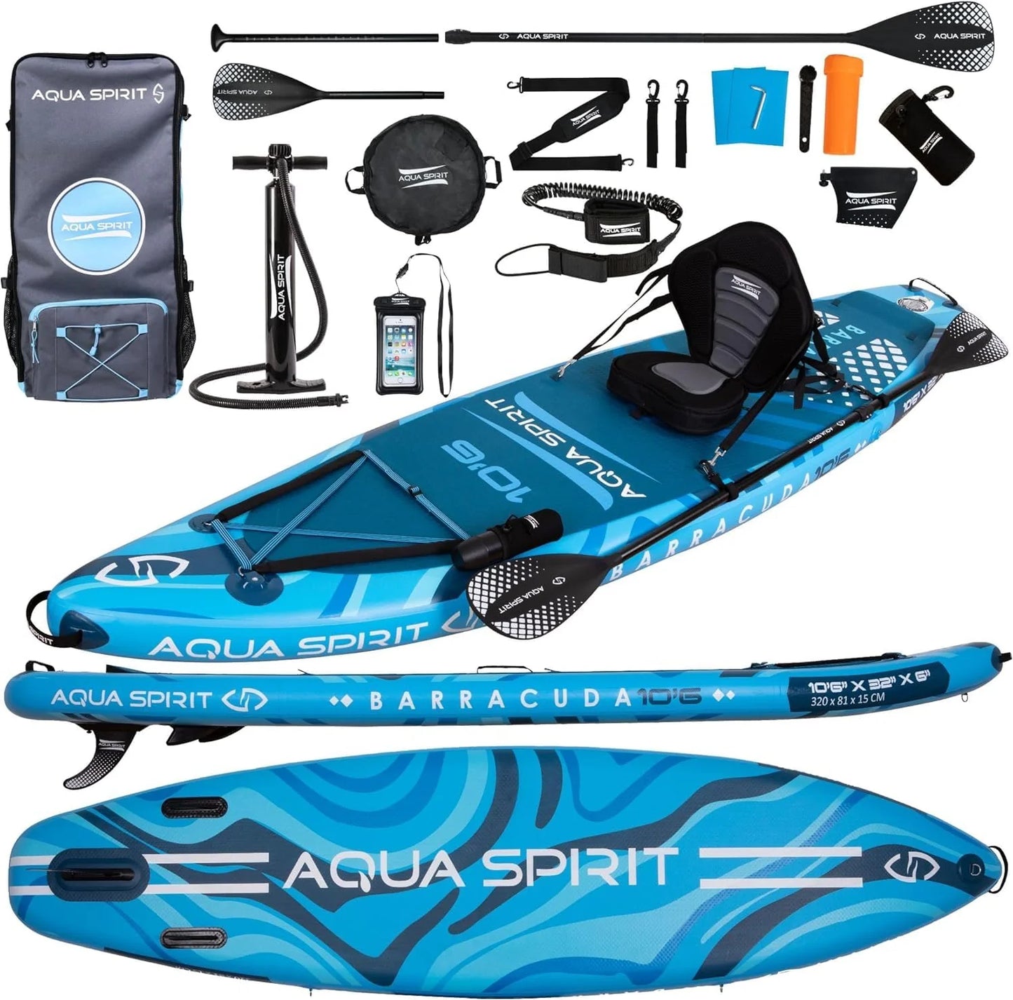 Planche de SUP gonflable Aqua Spirit 2026 | 320 x 81 x 15 cm | Comprend une pagaie, un siège, un sac à dos, une pompe et d'autres accessoires | Adultes débutants/experts (Bleu)