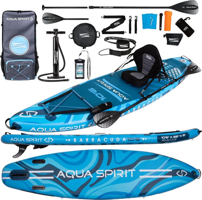 Planche de SUP gonflable Aqua Spirit 2026 | 320 x 81 x 15 cm | Comprend une pagaie, un siège, un sac à dos, une pompe et d'autres accessoires | Adultes débutants/experts (Bleu)