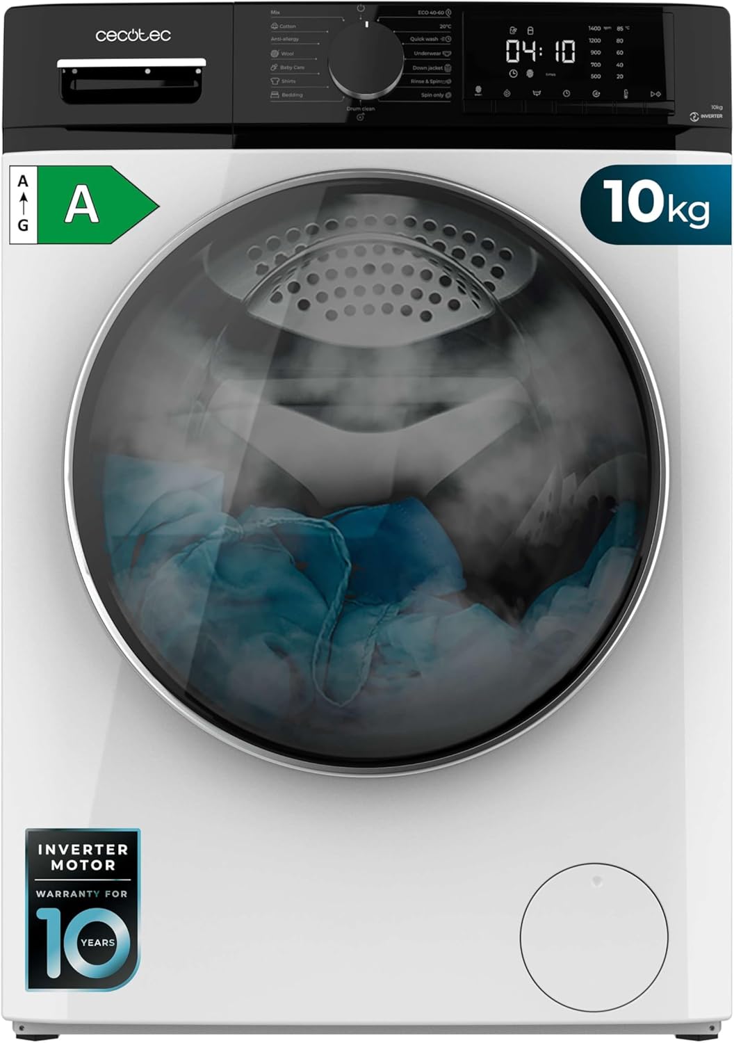 Cecotec Lave-linge 10Kg Bolero DressCode 10610 Inverter Steel A. Chargement Frontale, 1400 RPM, Steam Max, Motor Inverter Plus, 15 Programmes, OnSmart, Stop&Go, Caoutchouc Antibactérien, Drum Clean