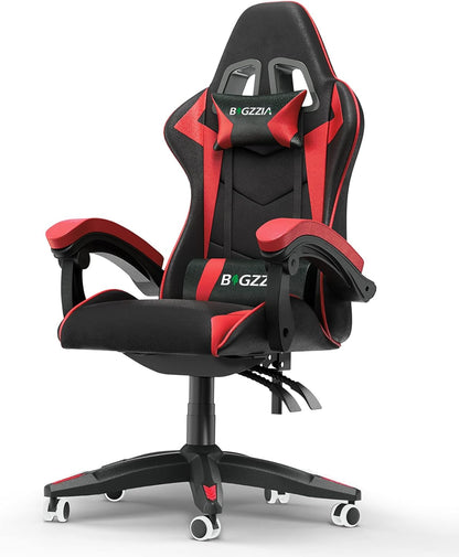 Fauteuil de jeu Bigzzia 2026, fauteuil de bureau inclinable, dossier haut, cuir, réglable, pivotant, à roulettes, ergonomique, fauteuil de jeu vidéo, fauteuil de course, fauteuil de bureau avec appui-tête et soutien lombaire (noir/rouge)