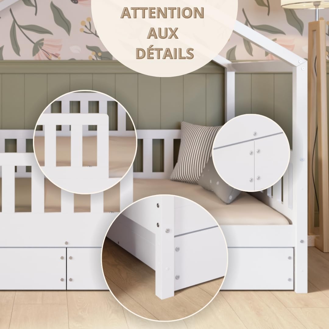 Lit cabane Crazy Pine Crazy House avec tiroirs 190 x 90 cm &ndash; Lit enfant en bois naturel avec barri&egrave;re &ndash; Lit Montessori au sol avec rangement suppl&eacute;mentaire et barri&egrave;re amovible
