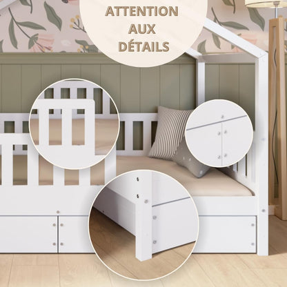 Lit cabane Crazy Pine Crazy House avec tiroirs 190 x 90 cm &ndash; Lit enfant en bois naturel avec barri&egrave;re &ndash; Lit Montessori au sol avec rangement suppl&eacute;mentaire et barri&egrave;re amovible
