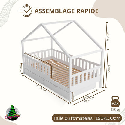 Lit cabane Crazy Pine Crazy House avec tiroirs 190 x 90 cm &ndash; Lit enfant en bois naturel avec barri&egrave;re &ndash; Lit Montessori au sol avec rangement suppl&eacute;mentaire et barri&egrave;re amovible