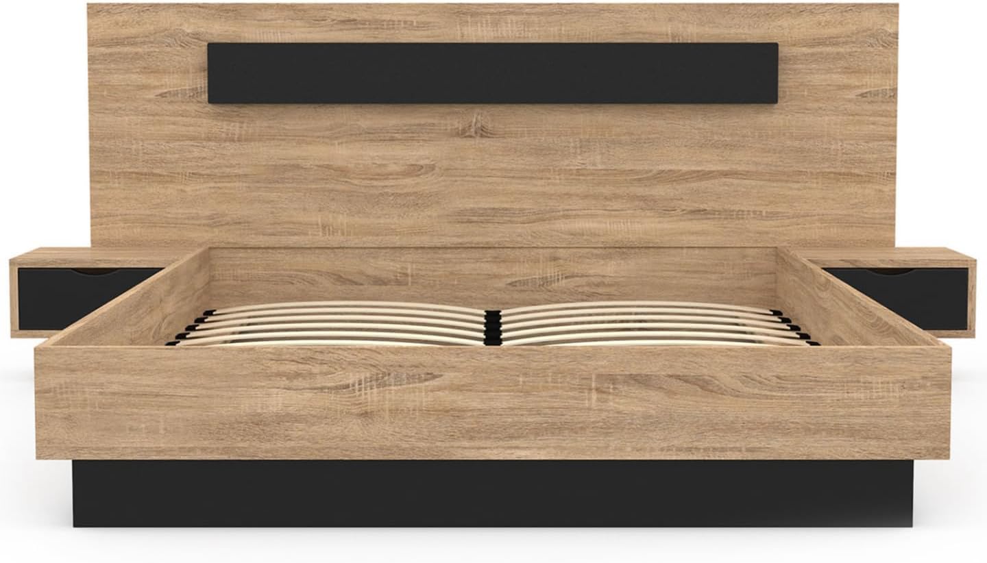Lit Coffre Santa avec Tables de chevets intégrées et sommier 140x190cm Couleur Bois et Noir