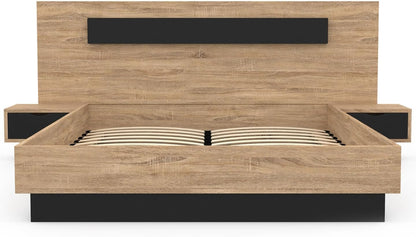 Lit Coffre Santa avec Tables de chevets intégrées et sommier 140x190cm Couleur Bois et Noir