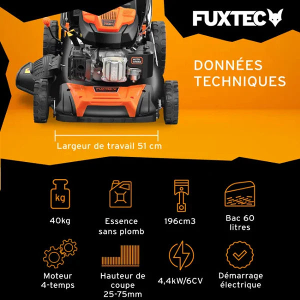 Tondeuse thermique autotracte  dmarrage lectrique,196 cm,51 cm - 6 CV,60 L. -