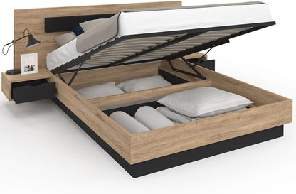 Lit Coffre Santa avec Tables de chevets intégrées et sommier 140x190cm Couleur Bois et Noir