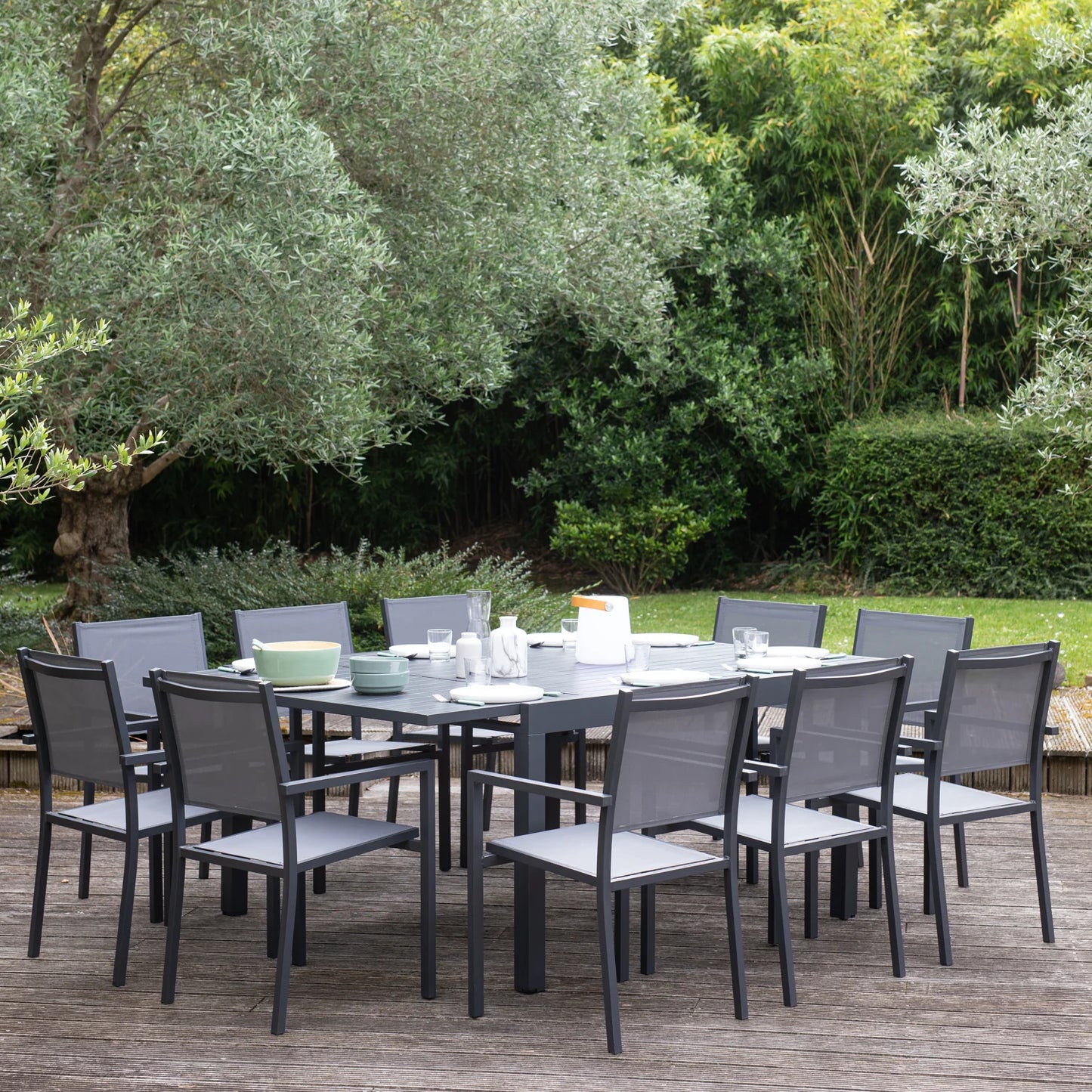 Salon de jardin extensible 10 places de 140/200cm en textilène gris - aluminium anthracite VENEZIA Happy Garden