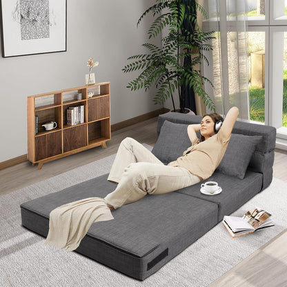 ANONER Canapé Convertible 2 Places 150cm de Large, Pliable en Mousse à Mémoire de Forme & 2 Oreillers, Lit Pliant de Sol pour Chambre Salon, Gris Foncé