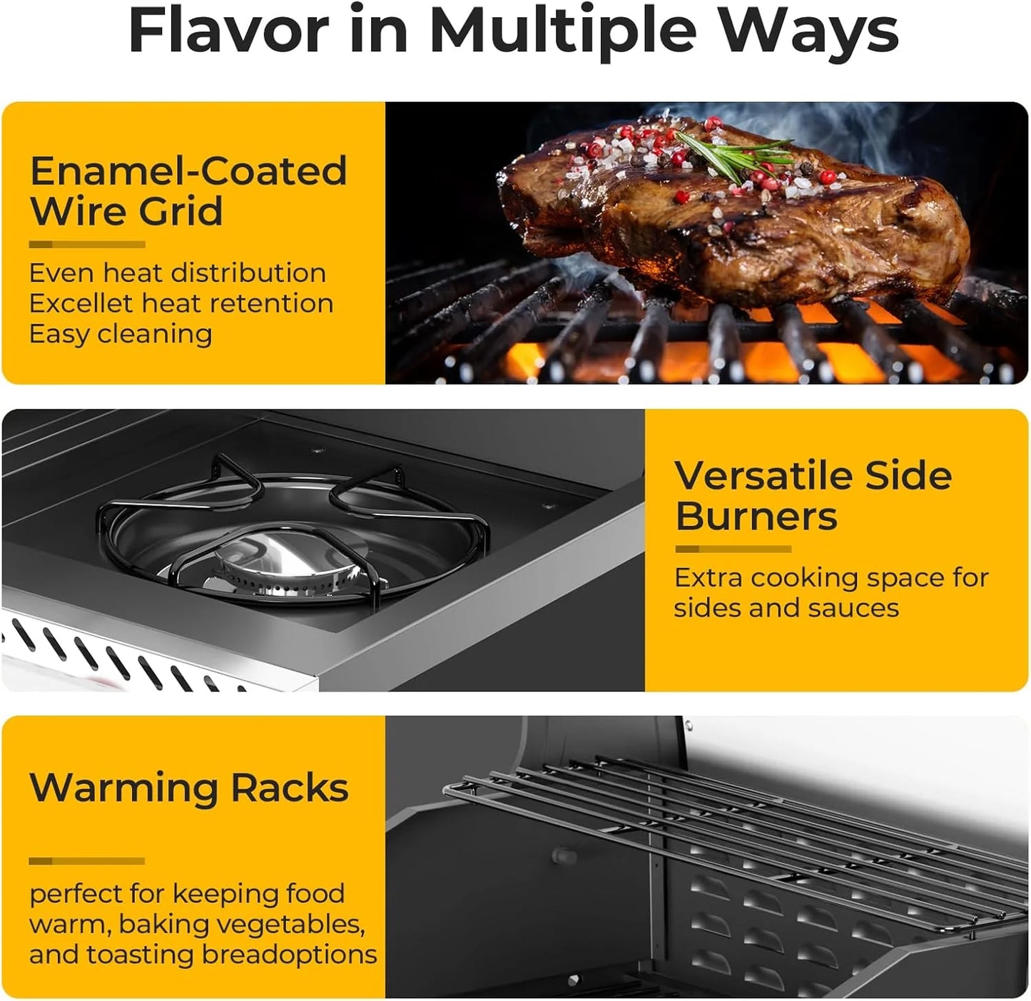 Barbecues à gaz propane R.W.FLAME 2026 à 3 et 4 brûleurs avec brûleurs latéraux, pour la cuisine en plein air, les grillades, la terrasse et le camping.