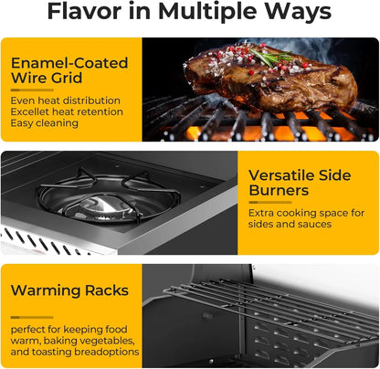 Barbecues à gaz propane R.W.FLAME 2026 à 3 et 4 brûleurs avec brûleurs latéraux, pour la cuisine en plein air, les grillades, la terrasse et le camping.