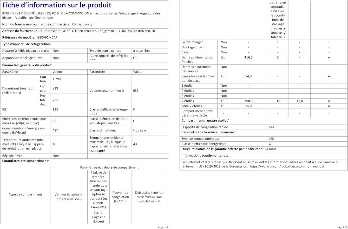 LG GSXV91MCAF Réfrigérateur combiné - Side by Side, 635L, InstaView, Total No-Frost, Compartiment congélation, Distributeur d'eau et glace UVnano, Compresseur Inverter Linear, Wi-Fi, Noir, Classe F
