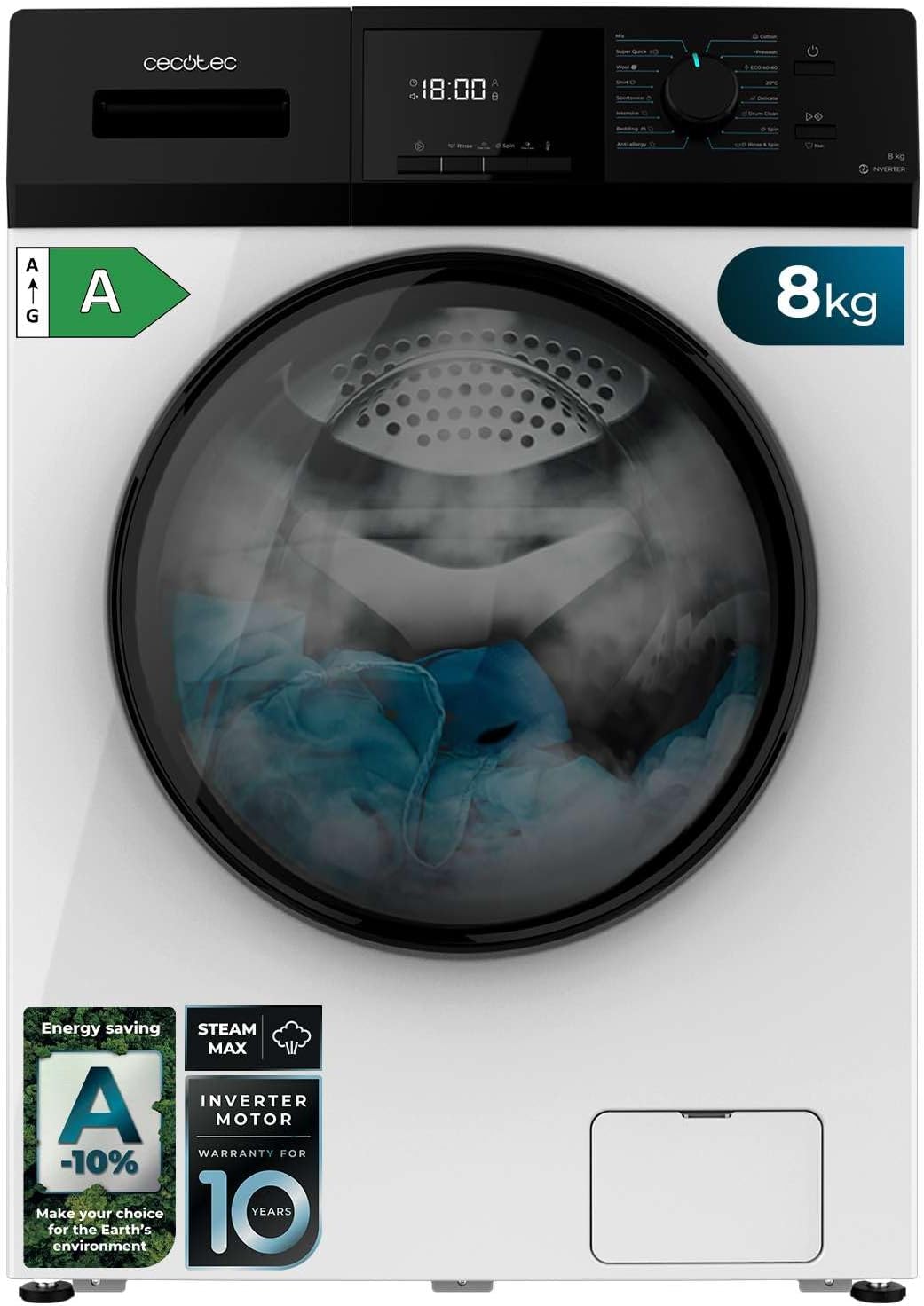 Cecotec Lave-Linge 9Kg Chargement Frontal Bolero Dresscode 9410 Inverter A. 1900W, 1400 tr/min Réglable, 16 Programmes, Faible Consommation d'Énergie, Vapeur, Stérilisation du Linge