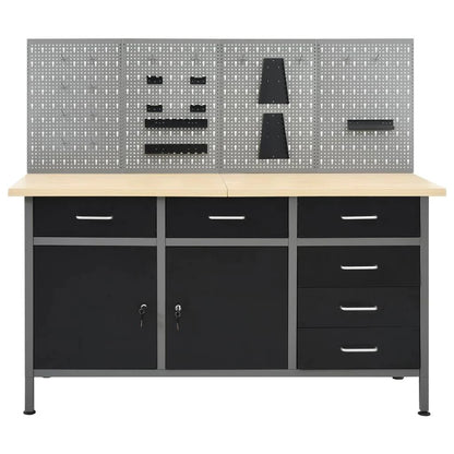 Etabli avec 4 panneaux muraux table de travail poste de travail stockage rangement d'outils 160 cm garage atelier pieds réglables en hauteur 02_0003666 -
