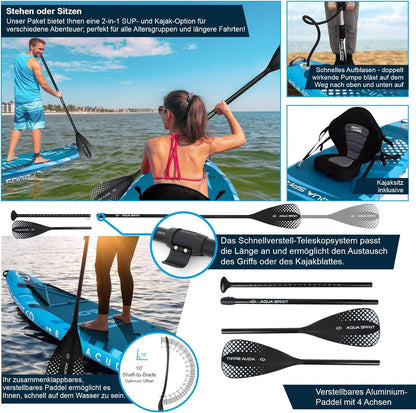 Planche de SUP gonflable Aqua Spirit 2026 | 320 x 81 x 15 cm | Comprend une pagaie, un siège, un sac à dos, une pompe et d'autres accessoires | Adultes débutants/experts (Bleu)