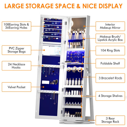 Armoire à bijoux rotative à 360° LVSOMT 2026 avec miroir pleine longueur, grand meuble à bijoux, miroir sur pied verrouillable, organisateur de bijoux avec miroir de maquillage intérieur et intérieur en velours doux pour salon et chambre.