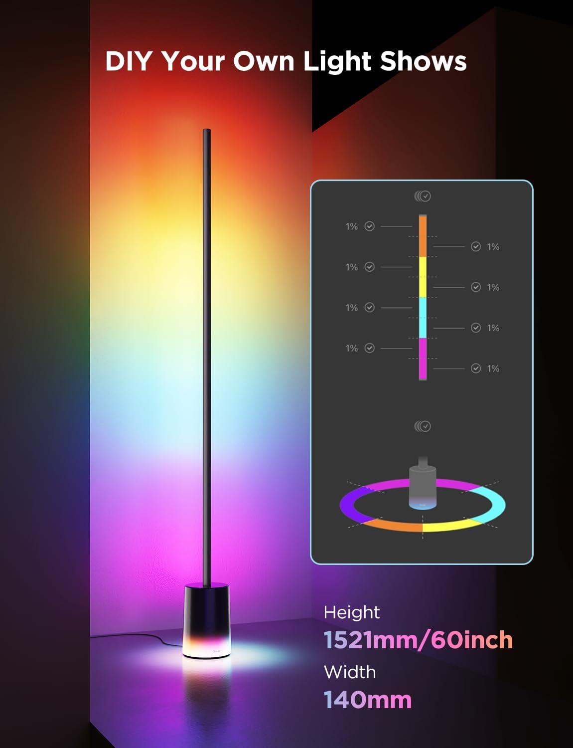 2026 Lampadaire Govee 2 avec Matter, LED RGBIC, Blanc Chaud et Froid, Compatible Alexa, 1725 lm, Synchronisation Musique, Modes Scènes, Lampadaire Intelligent pour Salon et Chambre, Noir (1 Pièce)