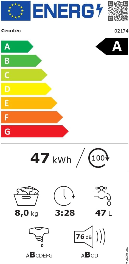 Cecotec Lave-Linge 9Kg Chargement Frontal Bolero Dresscode 9410 Inverter A. 1900W, 1400 tr/min Réglable, 16 Programmes, Faible Consommation d'Énergie, Vapeur, Stérilisation du Linge