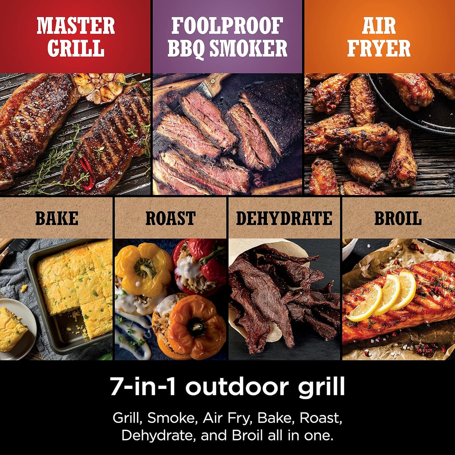 Ninja Woodfire Pro Gril et fumoir 7 en 1 avec thermomètre, friteuse à air, barbecue, pâtisserie, grillades, grillades, barbecue électrique portable pour extérieur, gris