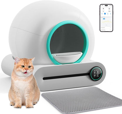 Bac à litière autonettoyant pour chat 2026, avec tapis et inserts, grande capacité 65 L + 9 L, contrôle par application / convient pour plusieurs chats – Gris