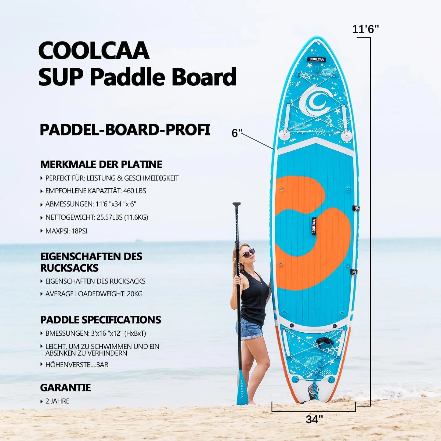Planche de SUP COOLCAA 2026 (354 cm x 86 cm x 15 cm) avec accessoires SUP haut de gamme, capacité de charge jusqu'à 210 kg, idéale pour adultes et adolescents de tous niveaux.